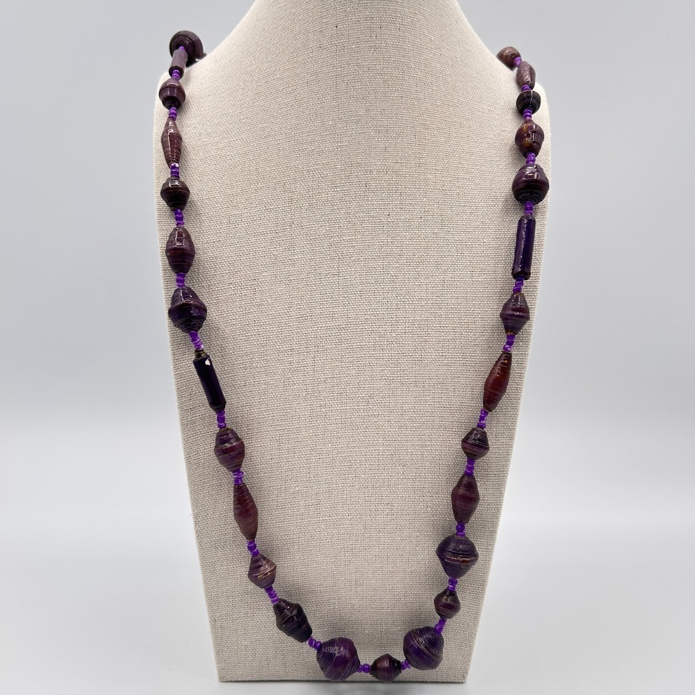 Handmade Purple Paper Bead Necklace Boho Eco Friendly Long Strand Jewelry